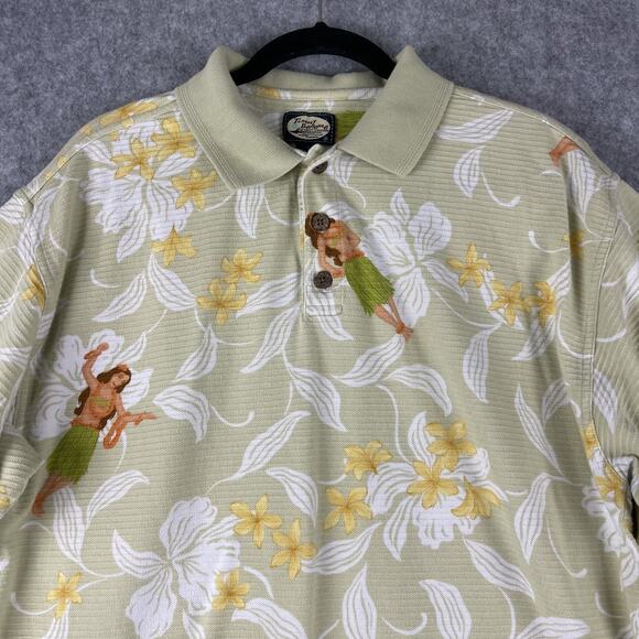 Vintage Tommy Bahama Hawaiian Polo Shirt Mens Medium Hula Girl Floral Textured - Picture 2 of 13